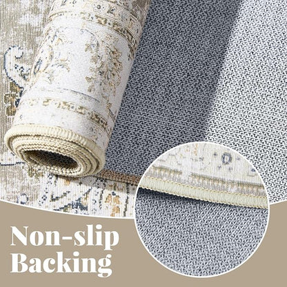 jinchan Fiora Runner Rug 2x5 Machine Washable Hallway Rug Taupe Vintage Floral Print Non-Slip Low Pile Ultra-Thin for Kitchen, Entryway, Laundry Room, Bedroom, Farmhouse (2‘x5’, Taupe)