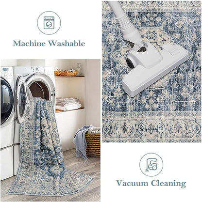 Lahome Oriental Hallway Runner Rug, 2.5x10 Washable Runner Ultra-Thin Hallway Rug for Bedroom Entryway, Soft Long Carpet for Kitchen Bathroom ‎Laundry Room, Blue