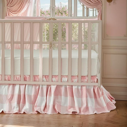 Brandream Gingham Gathered Crib Skirt, Baby Boy, Baby Girl, Gender Neutral Crib Skirt, 100% Cotton, 4-Sided, Light Pink Plaid Gingham Toddler Bedskirt Farmhouse Chic Nursery Crib Bed Skirt Dust Ruffle