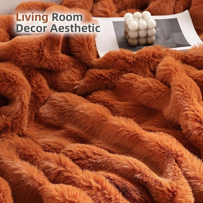 Smoofy Faux Fur Fall Throw Blanket for Couch – Burnt Orange Fluffy Cozy Rabbit Fleece, Plush Soft Bubble Blanket for Sofa & Bed, for Mom, Warm Fuzzy Home Room Decor Throw 60" x 80"