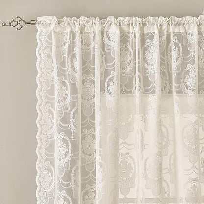 Ivory Vintage Country Floral Lace Sheer Curtains 96 Inches Long -Rod Pocket Light Filtering French Privacy Scalloped Edges Rod Pocket Boho Bedroom ，52 x 96 Inch, 2 Panels