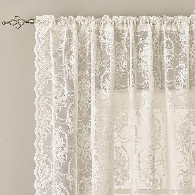 Ivory Vintage Country Floral Lace Sheer Curtains 84 Inches Long -Rod Pocket Light Filtering French Privacy Scalloped Edges Rod Pocket Boho Bedroom ，52 x 84 Inch, 2 Panels