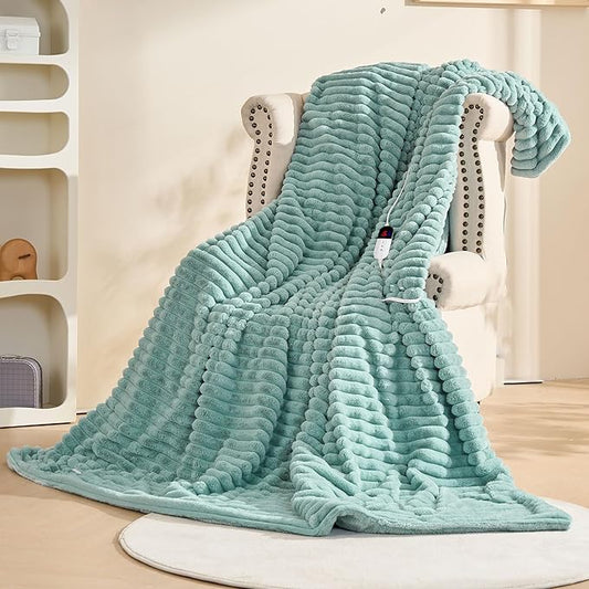 Heated Electric Blanket Throw, 6-Level Fast Heating, 4-Hour Auto-Off, Soft&Warm Stripe Faux Rabbit Fur, for Couch Home Office, with Overheating Protection & ETL Certified (Green, 50"X60")
