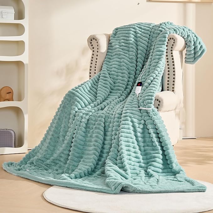 Heated Blanket 90"X100",Fast Heating Blanket with 6 Heat Levels 10 Hours Auto-Off Overheat Protection,Stripe Faux Rabbit Fur Soft Warm, ETL Certified (Green, 90"X100")