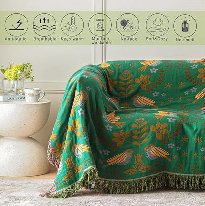 MSGKV Boho Throw Blanket 100% Cotton Green Blanket 90''x 98'' Double Sided Knit Blankets with Tassels Reversible Warm Soft Blanket Throw Blankets for Bed Sofa Living Room