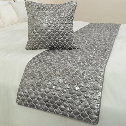 The HomeCentric King/Queen/Twin Grey & Silver Designer King 90"x18" Bed Runner with Pillow Cover, Quilted, Foil & Trellis Bed Scarf on Silk Fabric - Jumanah