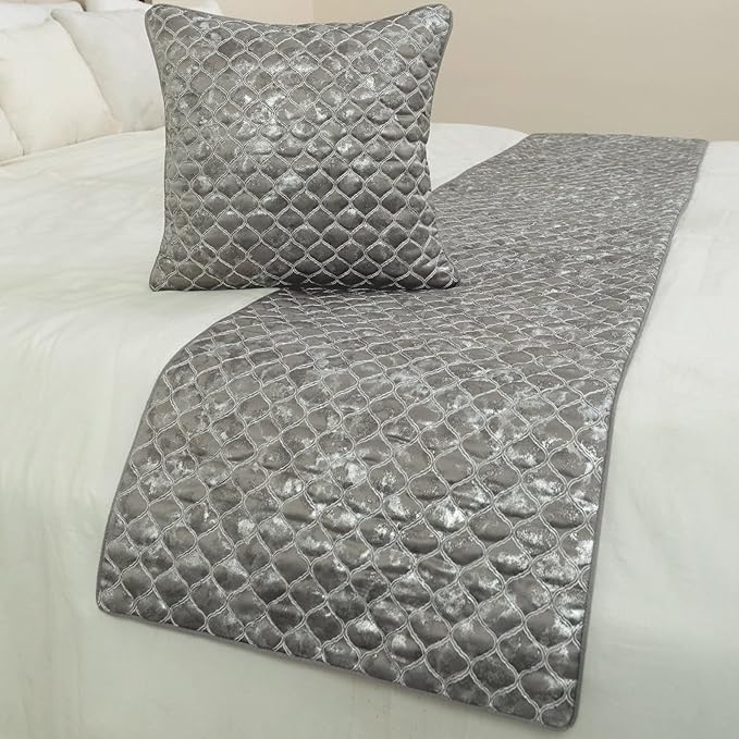 The HomeCentric King/Queen/Twin Grey & Silver Designer Twin 53"x18" Bed Runner with 2 Pillow Cover, Quilted, Foil & Trellis Bed Scarf on Silk Fabric - Jumanah