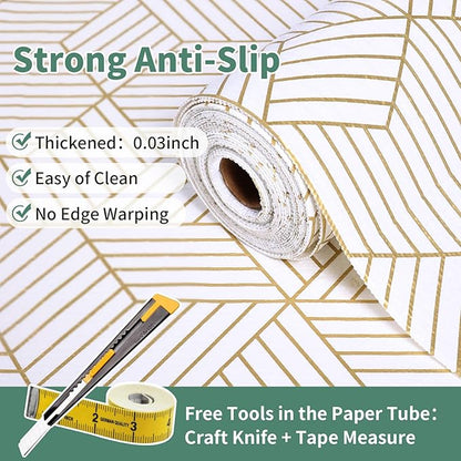 Shelf Liners for Kitchen Cabinets 17.3in x 49.21FT, Non Adhesive Cabinet Liner Strong Non-Slip Thickened Gold Geometric Drawer Liner, Easy to Clean for Shelf, Cabinet with Knife and Tape Measure
