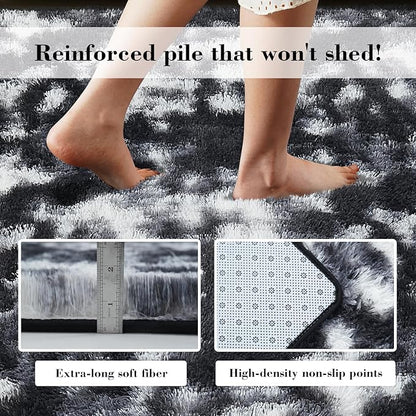 Fluffy Rug Shaggy Area Rug, Mottling Black 3x5 Area Rugs for Bedroom, Small Bedside Rug, Soft Fluffy Shaggy Entryway Throw Rugs for Living Room Bedroom Kids Room Home Decor