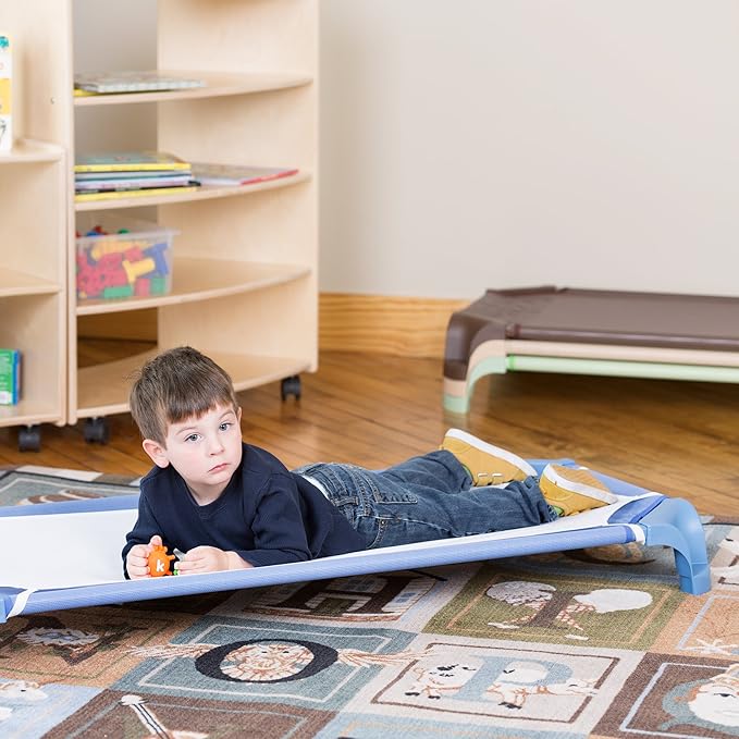 Sprogs Heavy-Duty Stackable Standard Size 52"L Daycare Cots for Kids and Toddlers, Stacking Preschool Classroom Kids Cots for Sleeping, Resting, Naptime, Pack of 16, Natural Colors