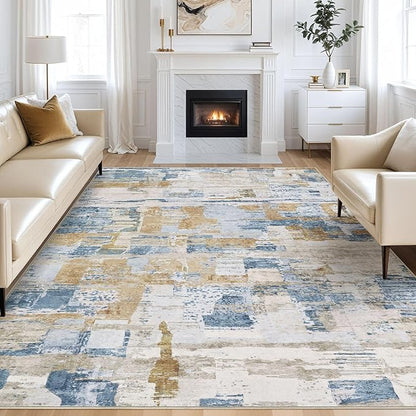 Abstract Living Room Rug 10x12 - Modern Washable Soft Thin Area Rug for Living Room Bedroom Under Dining Table - Neutral Indoor Floor Rug Carpets for Home Office Playroom Nursery - Blue Gold