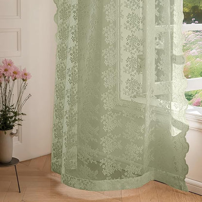 Anmao Vintage Lace Curtains 63 Inches Long 2 Panels Set, Romantic Elegant Light Filtering Semi Sheer Floral Thick Lacy Curtain Drapes for Living Room and Bedroom, Each Panel 55W x 63L, Dry Grass Green