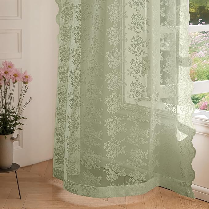 Anmao Vintage Lace Curtains 84 Inches Long 2 Panels Set, Romantic Elegant Light Filtering Semi Sheer Floral Thick Lacy Curtain Drapes for Living Room and Bedroom, Each Panel 55W x 84L, Dry Grass Green