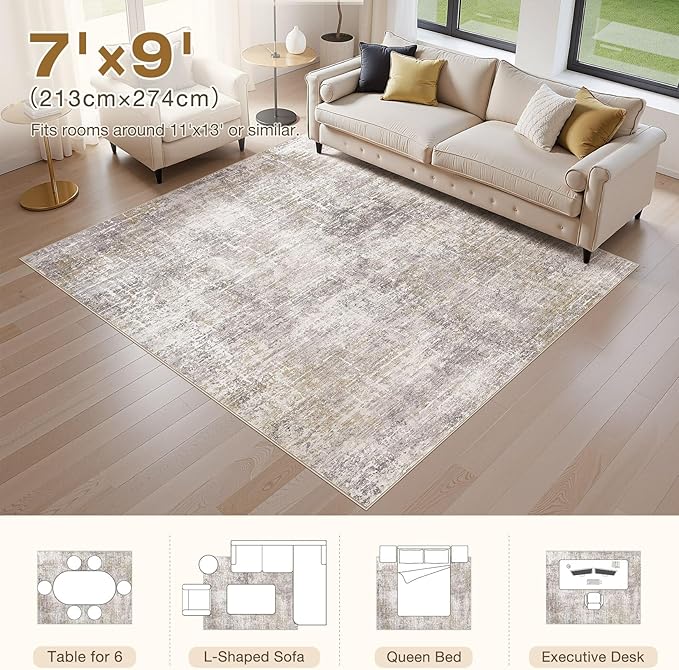 Abstract Living Room Rug 7x9 - Modern Washable Soft Thin Area Rug for Living Room Bedroom Under Dining Table - Neutral Indoor Floor Rug Carpets for Home Office Playroom Nursery - Brown Gold