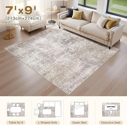 Abstract Living Room Rug 7x9 - Modern Washable Soft Thin Area Rug for Living Room Bedroom Under Dining Table - Neutral Indoor Floor Rug Carpets for Home Office Playroom Nursery - Brown Gold