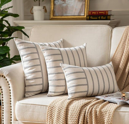 Caflife Boho Throw Pillow Covers 12x20 Set of 2 Soft Farmhouse Decorative Couch Pillow Cases Grey Striped Pillow Covers Neutral Cushion Covers for Sofa Bed Living Room Home Decor