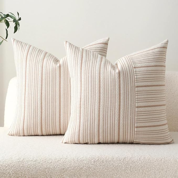 DWR Striped 3D Textured Weave Throw Pillow Covers 20x20 Set of 2, Polyester Cotton Blend in Khaki, Modern Farmhouse Decorative Pillow Cases for Couch Sofa Bed Living Room