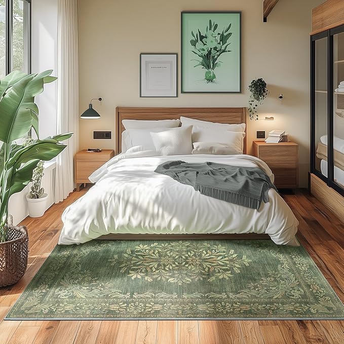jinchan Green 4x6 Area Rug Vintage Floral Design - Machine Washable Distressed Soft Ultra-Thin Low-Pile Non-Slip Christmas Carpet for Entryway Kitchen Bedroom Nursery Living Dining Room (4x6ft, Green)