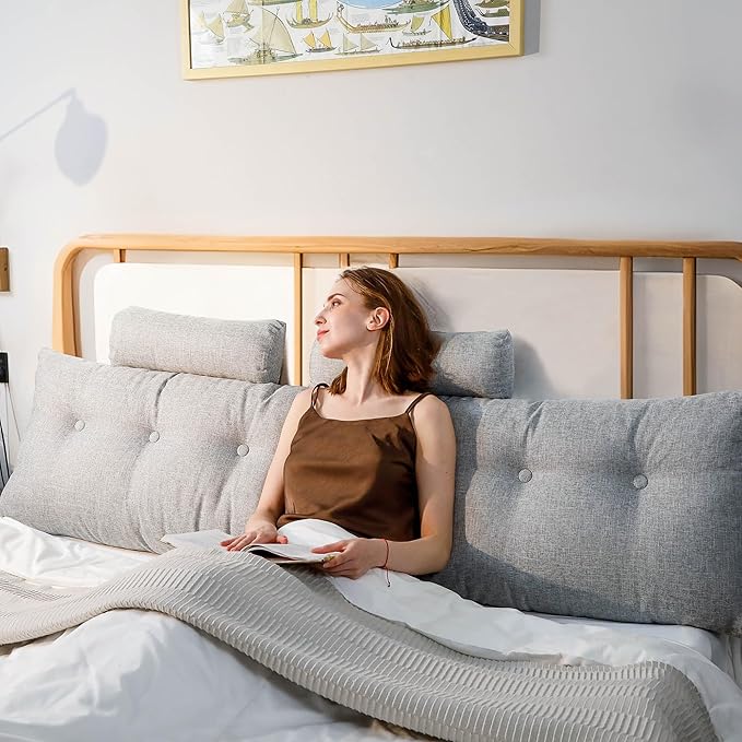 Headboard Pillow King Size, Triangular Wedge Backrest with Removable Head Roll & Side Pocket, 100% Linen Reading Pillow for Bed, Couch, Floor - Ergonomic Support for Neck, Back,Grey
