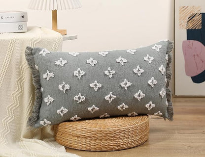 Boho Long Lumbar Pillow Cover 14x28 with Tassel,3D Flower Patterned Cotton Decorative Long Lumbar Pillow Cover Pillow Case for Sofa Couch Bed Livingroom Farmhouse,Blue Grey