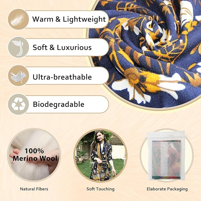 DANA XU 100% Merino Wool Extra Large Pashmina Blanket Travel Scarf Cashmere Wrap for Women Fall Winter Oversize Shawl Floral
