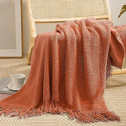 LOMAO Knitted Throw Blanket with Tassels Bubble Textured Lightweight Throws for Couch Cover Home Decor (Orange, 60x80)