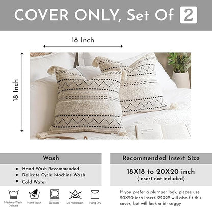 BlissBlush Decorative Throw Pillow Cover 18x18 Combo Set of 2 Square Boho Black Neutral Accent Pillowcase Tassels Farmhouse Cushion for Couch Sofa Bedroom Living Room Home Décor Cover ONLY
