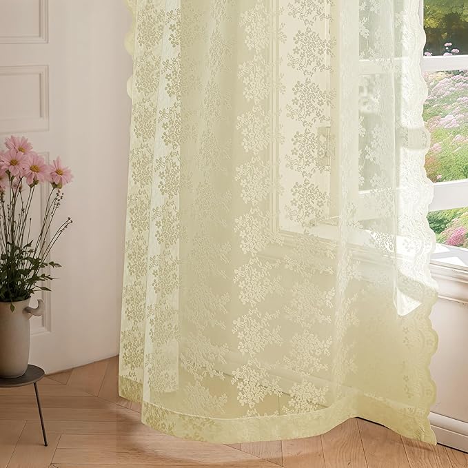 Anmao Vintage Lace Curtains 102 Inches Long 2 Panels Set, Romantic Elegant Light Filtering Semi Sheer Floral Thick Lacy Curtain Drapes for Living Room and Bedroom, Each Panel 55W x 102L, Cream Yellow