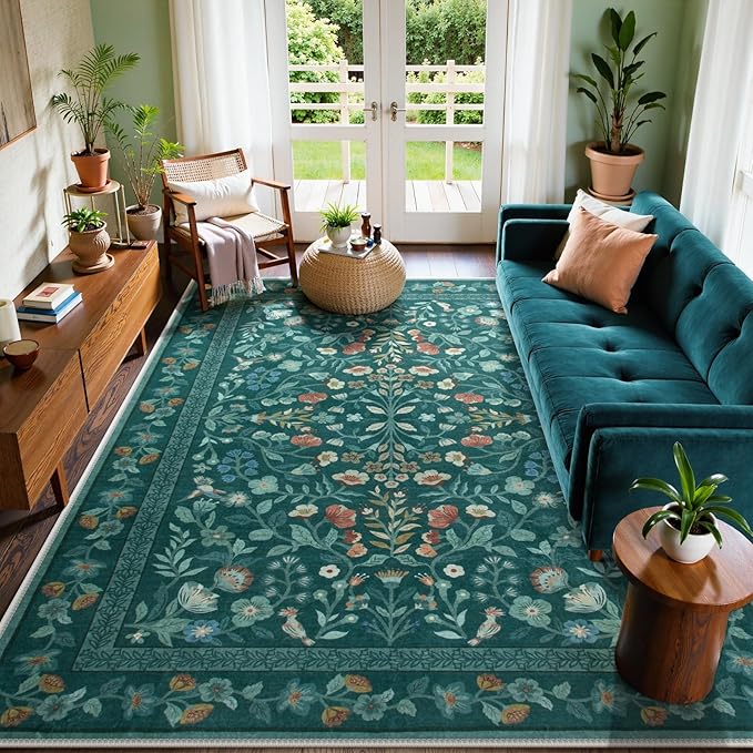 Lahome Floral Washable Rugs 9x12, Non-Slip Untra-Thin Soft Living Room Area Rugs, Vintage Botanical Print Low-Pile Carpet for Bedroom Dining Room Office, Dark Green