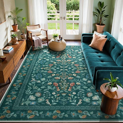 Lahome Floral Washable Rugs 9x12, Non-Slip Untra-Thin Soft Living Room Area Rugs, Vintage Botanical Print Low-Pile Carpet for Bedroom Dining Room Office, Dark Green