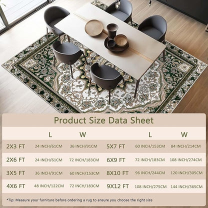 8x10 Traditional Oriental Area Rug White Dark Green Rug Non Slip Low Pile Large Carpet for Home Kitchen Living Room Bedroom Dining Room Office