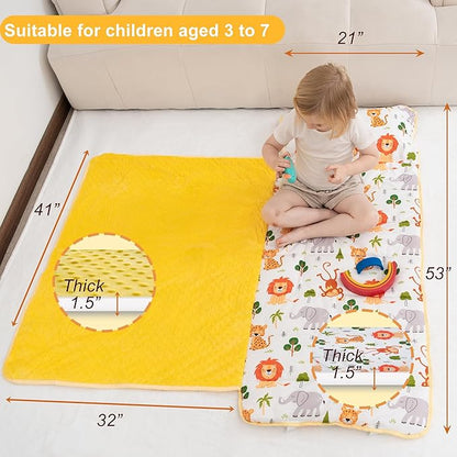Viviland Toddler Nap Mat with Pillow and Minky Dot Blanket, Rolled Sleeping Mat/Slumber Bag for Girls Boys, Kids Nap Mat for Preschool, Daycare, Kindergarten, Travel Camping - Zoo Animal