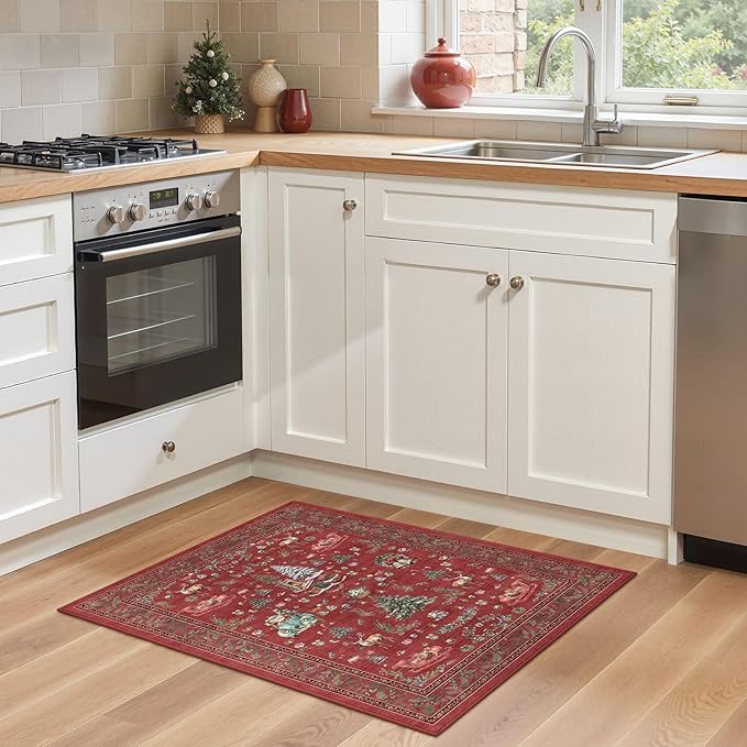 Christmas Living Room Area Rug 2x3 - Large Soft Washable Oriental Traditional Distressed Farmhouse Rugs for Bedroom - Indoor Floor Accent Carpet for Home Office House Decor - Red