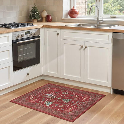 Christmas Living Room Area Rug 2x3 - Large Soft Washable Oriental Traditional Distressed Farmhouse Rugs for Bedroom - Indoor Floor Accent Carpet for Home Office House Decor - Red