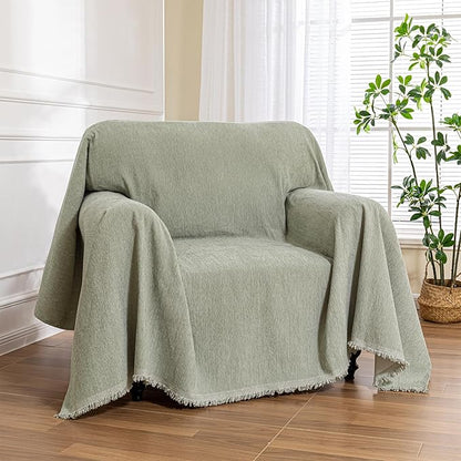 MEETSKY Green Sofa Covers Armchair Single Couch Cover for Dogs Throw Couch Cover with Tassel Chair Recliner Futon Cover Washable 1 Cushion Couch Chenille Couch Protector, 71"x 91"