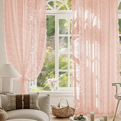 Anmao Vintage Lace Curtains 45 Inches Long 2 Panels Set, Romantic Elegant Light Filtering Semi Sheer Floral Thick Lacy Curtain Drapes for Living Room and Bedroom, Each Panel 55W x 45L, Blush Pink