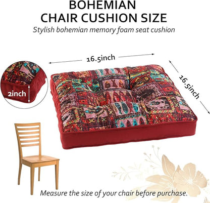 Bohemian Square Seat Cushions for Kitchen Dining Living Tea Room,16.5" x 16.5" Printing Velvet Chair Pads with Non-Slip Ties, 4Packs, Red