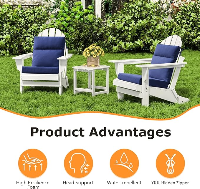 Outdoor Separate High Back Chair Cushion Seat Pads, 2-Pack 44 x 21 Inch Water-Repellent & Fade-Resistant Patio Furniture Cushions with Ties for Adirondack, Rocking Chairs, Navy