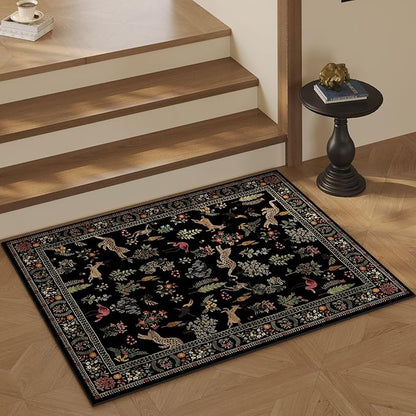 Rugcomf Door Mat Indoor Entrance 2x3 Rug Machine Washable Boho Floral Animal Small Area Rug Non-Slip Low Pile Throw Rugs for Entryway, Kitchen, Front Door Indoor Entrance, Entry, Kids Room (Black)