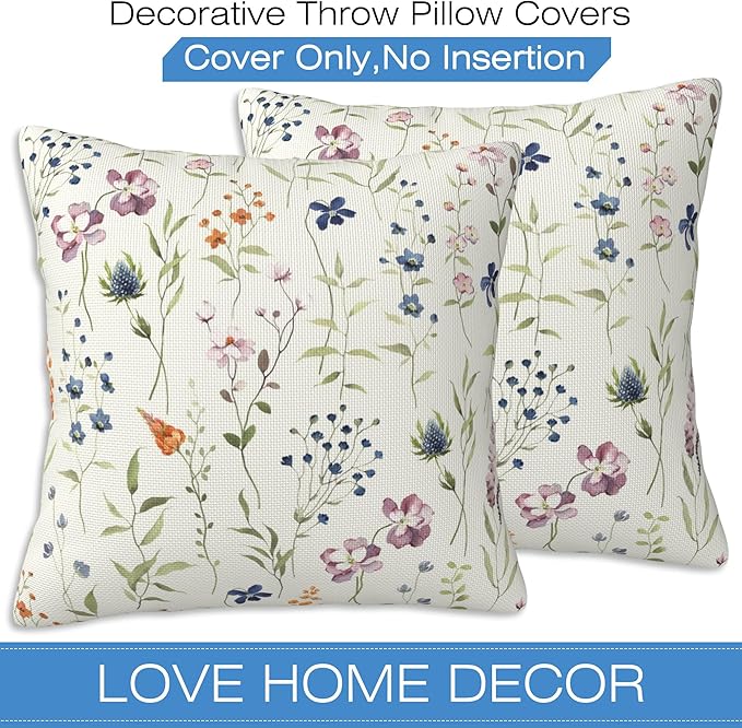 Throw Pillow Covers Spring Summer Floral Pillow Covers 20x20 Inch Set of 2 Watercolor Flowers Throw Pillows Decorative Pillow Cases Cushion Covers for Bedroom Livingroom Sofa Farm House