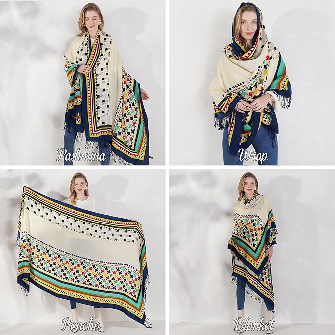 DANA XU 100% Merino Wool Pashmina Shawl for Women 96"x43", Oversized Cashmere Wrap with Tassels, Floral Travel Blanket Cape