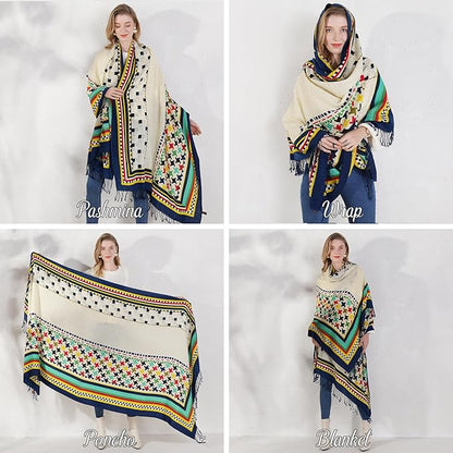 DANA XU 100% Merino Wool Pashmina Shawl for Women 96"x43", Oversized Cashmere Wrap with Tassels, Floral Travel Blanket Cape
