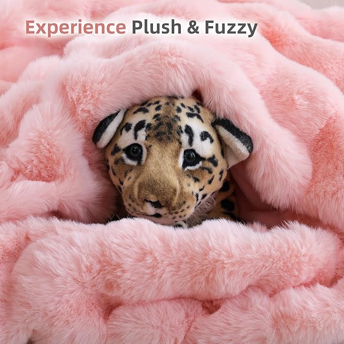 Smoofy Faux Fur Throw Blanket for Couch – Blush Pink Fluffy Cozy Rabbit Fleece, Plush Soft Bubble Blanket for Sofa & Bed, for Mom, Warm Fuzzy Home Room Decor Throw 60" x 80"
