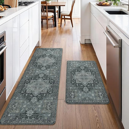 GENIMO Kitchen Mats for Floor 2PCs, Washable Anti Fatigue Mat for Cushioned, 17.3"x59"+17.3"x30", Waterproof Kitchen Rugs, Non Slip Comfort Standing Mat Rug for Home, Sink, Laundry, Dark Gray