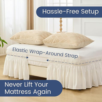 BISELINA Wrap Around Bed Skirts 17" Drop, Cotton Adjustable Elastic Dust Ruffles Easy Fit Wrinkle & Fade Resistant Soft Cozy Elegant Luxurious Bedding - White, Queen Size