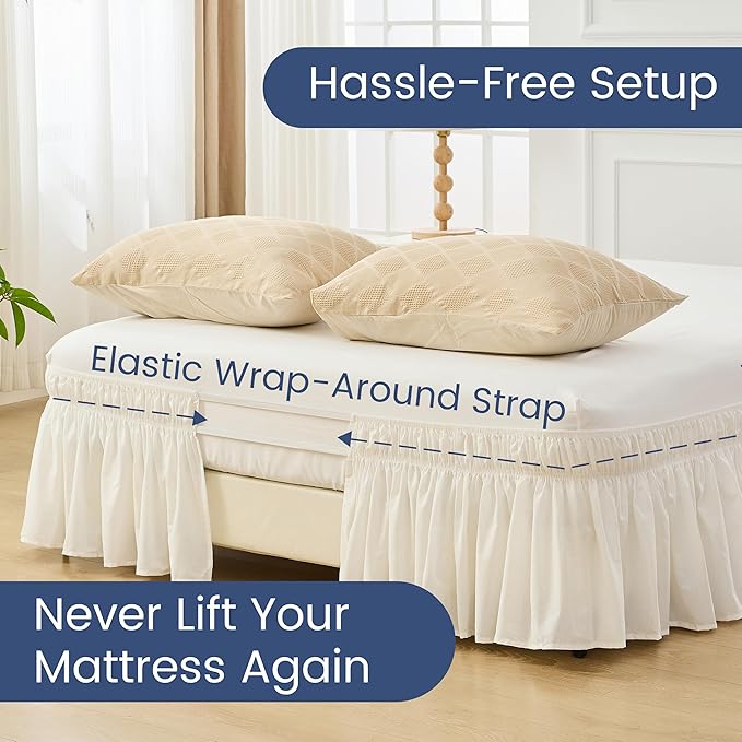 BISELINA Wrap Around Bed Skirts 17" Drop, Cotton Adjustable Elastic Dust Ruffles Easy Fit Wrinkle & Fade Resistant Soft Cozy Elegant Luxurious Bedding - White, King Size