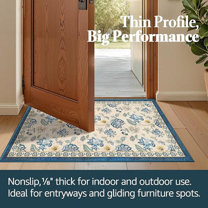 jinchan Elora 2x3 Floral Rug for Entryway Washable Rug Vintage Romance Design Small Mat Non Slip Indoor Doormat Lightweight Low-Profile Throw Carpet for Entrance Bathroom Laundry Room, Blue/Beige