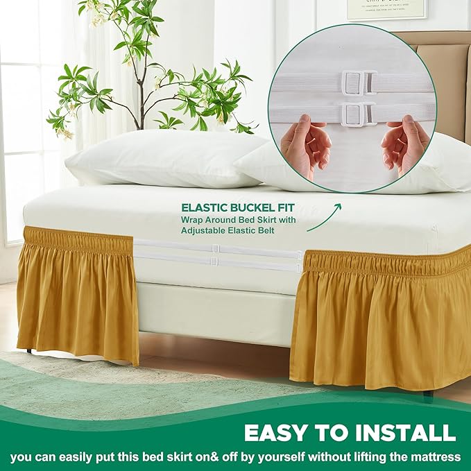 Biscaynebay Wrap Around Bed Skirts for Queen Size Beds 18" Drop, Christmas Gold Adjustable Elastic Dust Ruffles Easy Fit Wrinkle Resistant Silky Luxurious Fabric Machine Washable