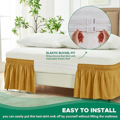 Biscaynebay Wrap Around Bed Skirts for King & Cal King Beds 16" Drop, Gold Adjustable Elastic Dust Ruffles Easy Fit Wrinkle Resistant Silky Luxurious Fabric Machine Washable