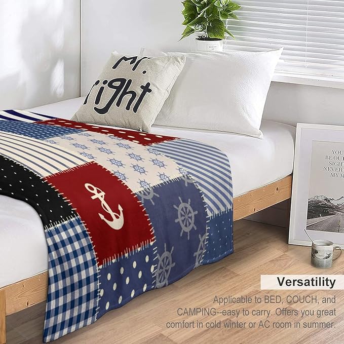 Nautical Blanket Vintage Coastal Rustic Red Blue White Polka Dot Stripe Anchor Patchwork Soft Cozy Lightweight Throw Blanket for Women Men Bedroom Living Room Dorm Chair Sofa Travel 40x50in